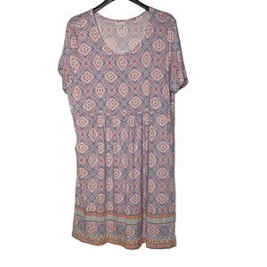 J. Jill Geometric Rayon T-Shirt Dress Pockets Colorful Stretch Purple Sz XL PET